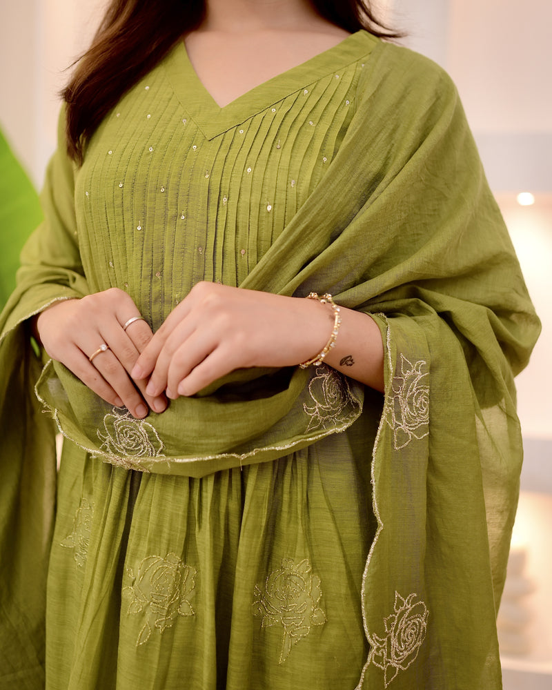 Olive Green Pintex Mul Chanderi Threadwork A Line Suit