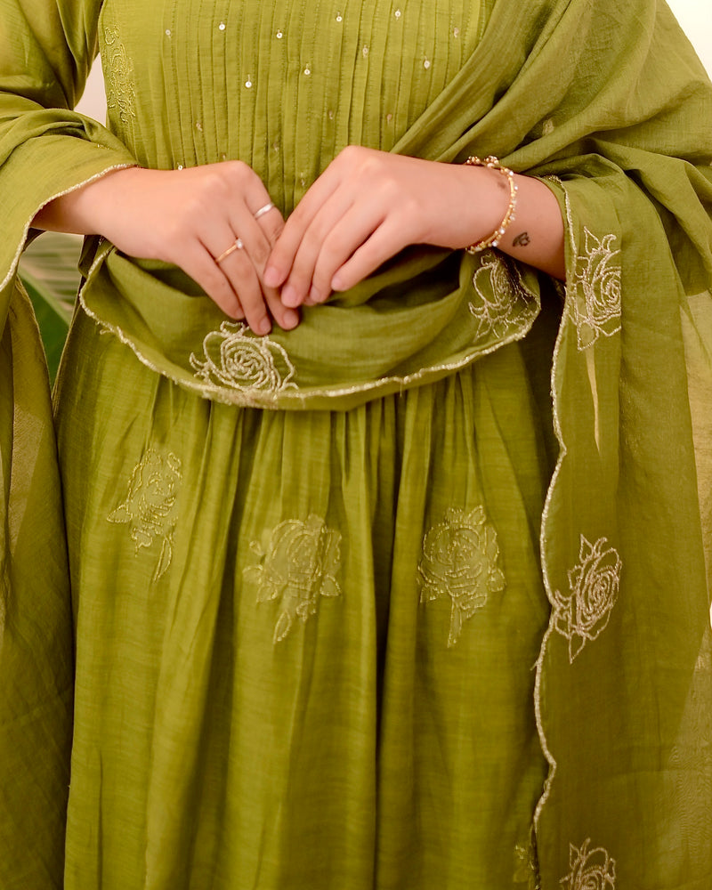 Olive Green Pintex Mul Chanderi Threadwork A Line Suit