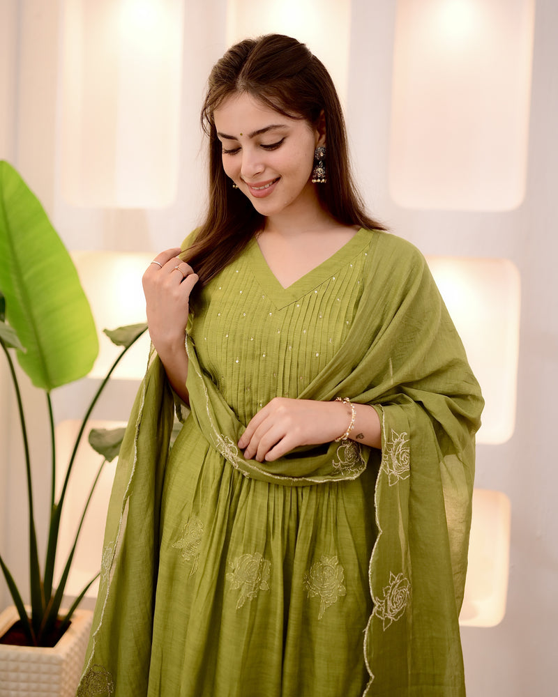 Olive Green Pintex Mul Chanderi Threadwork A Line Suit