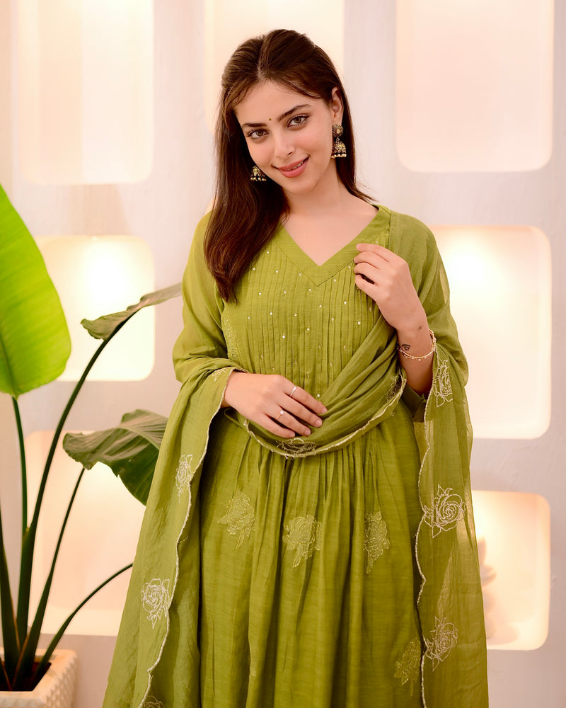 Olive Green Pintex Mul Chanderi Threadwork A Line Suit