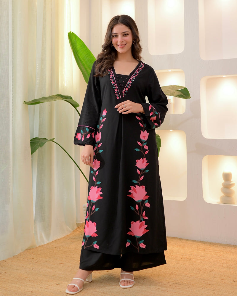 Black Lotus Cotton A Line Kurta Palazzo Set