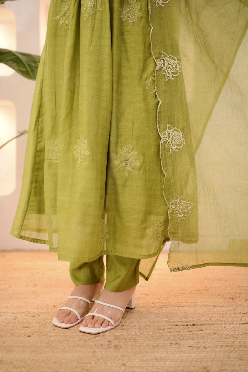 Olive Green Pintex Mul Chanderi Threadwork A Line Suit