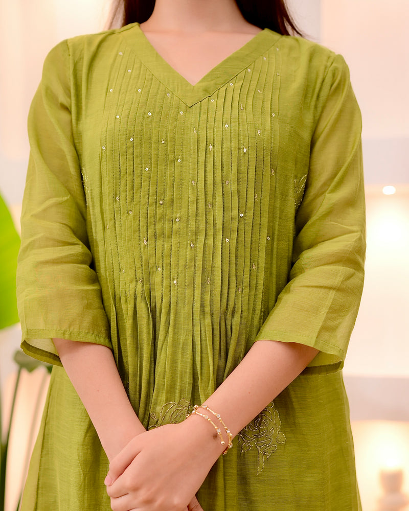 Olive Green Pintex Mul Chanderi Threadwork A Line Suit