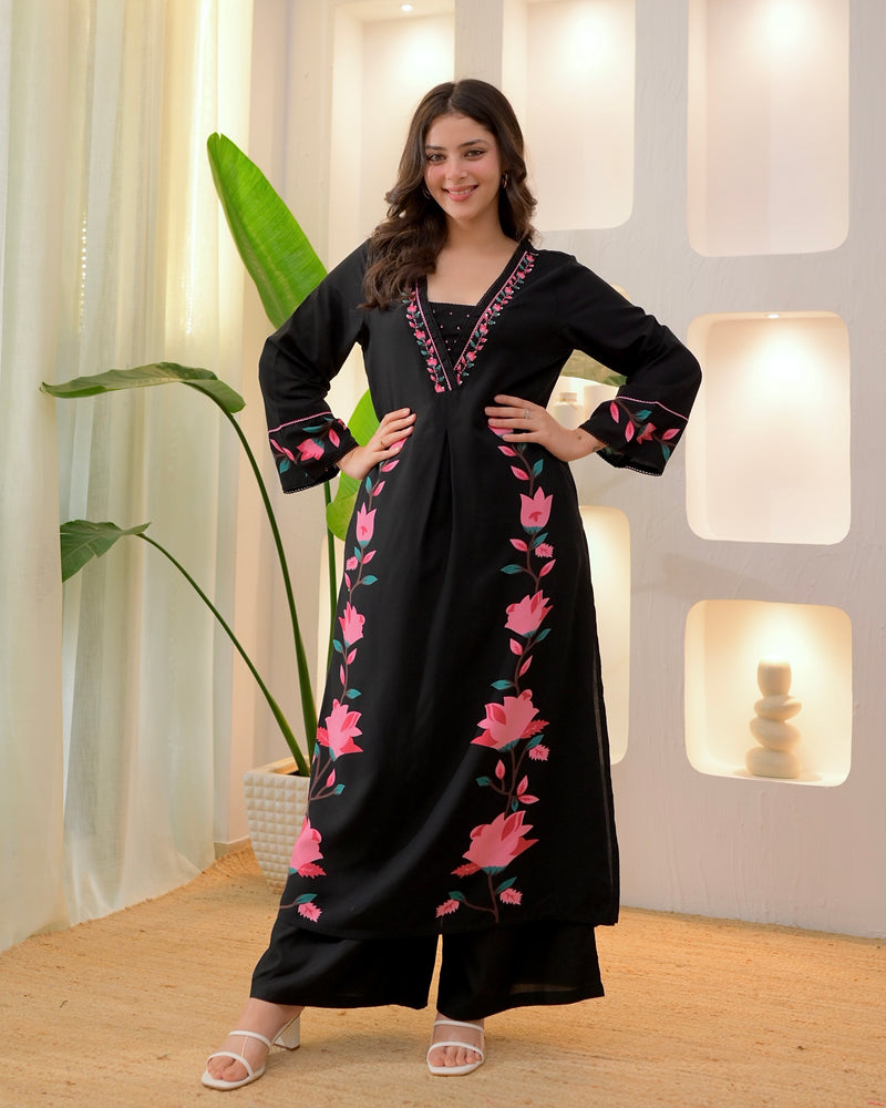 Black Lotus Cotton A Line Kurta Palazzo Set