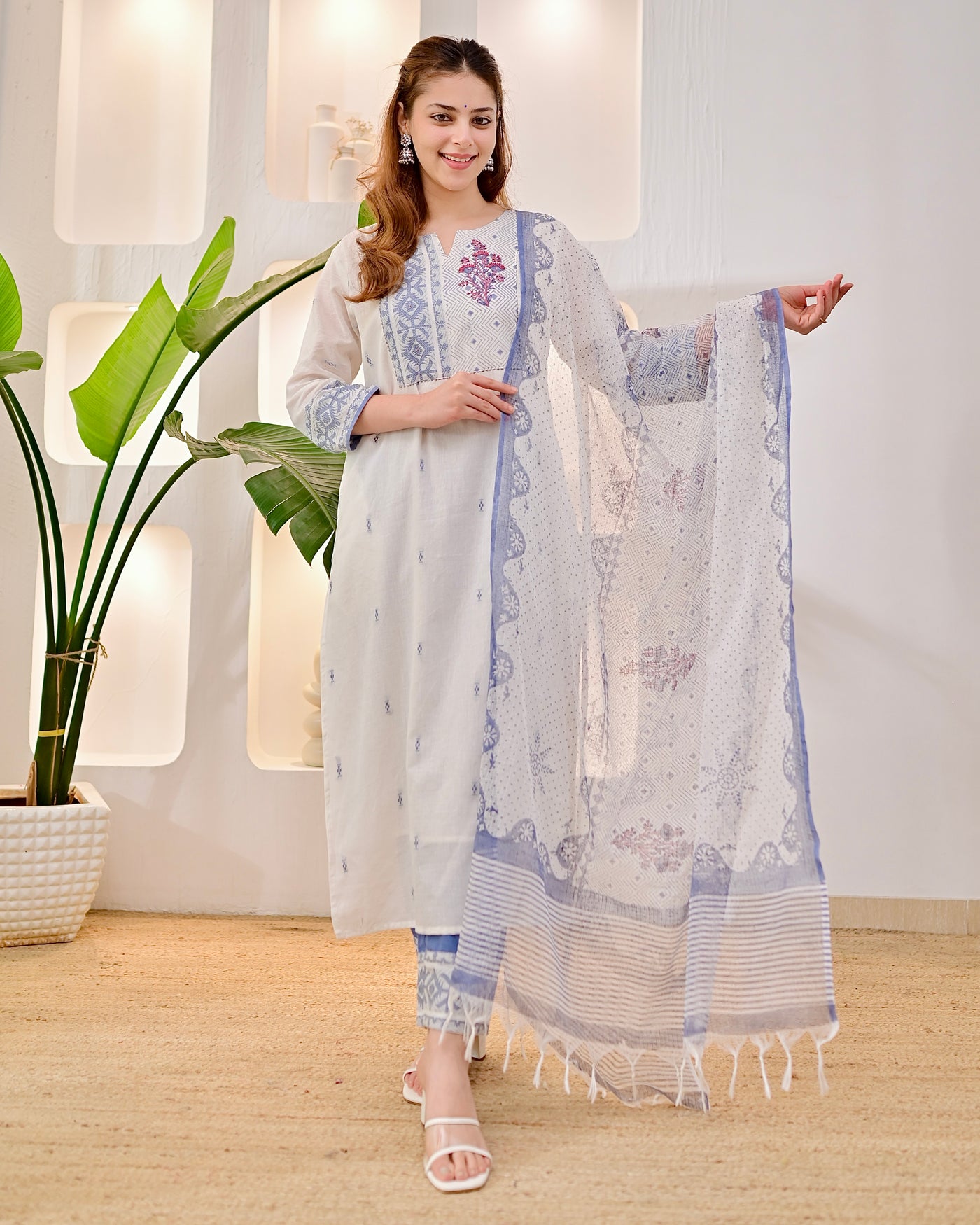 Ivory Azure Charm Handloom Cotton Suit