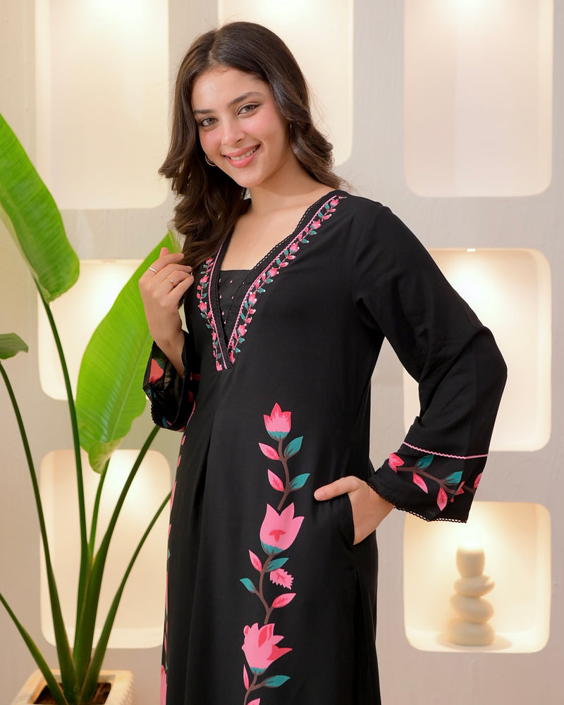 Black Lotus Cotton A Line Kurta Palazzo Set
