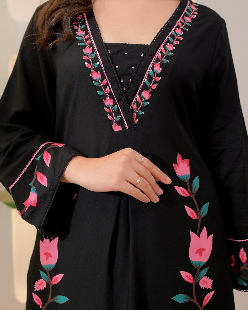 Black Lotus Cotton A Line Kurta Palazzo Set