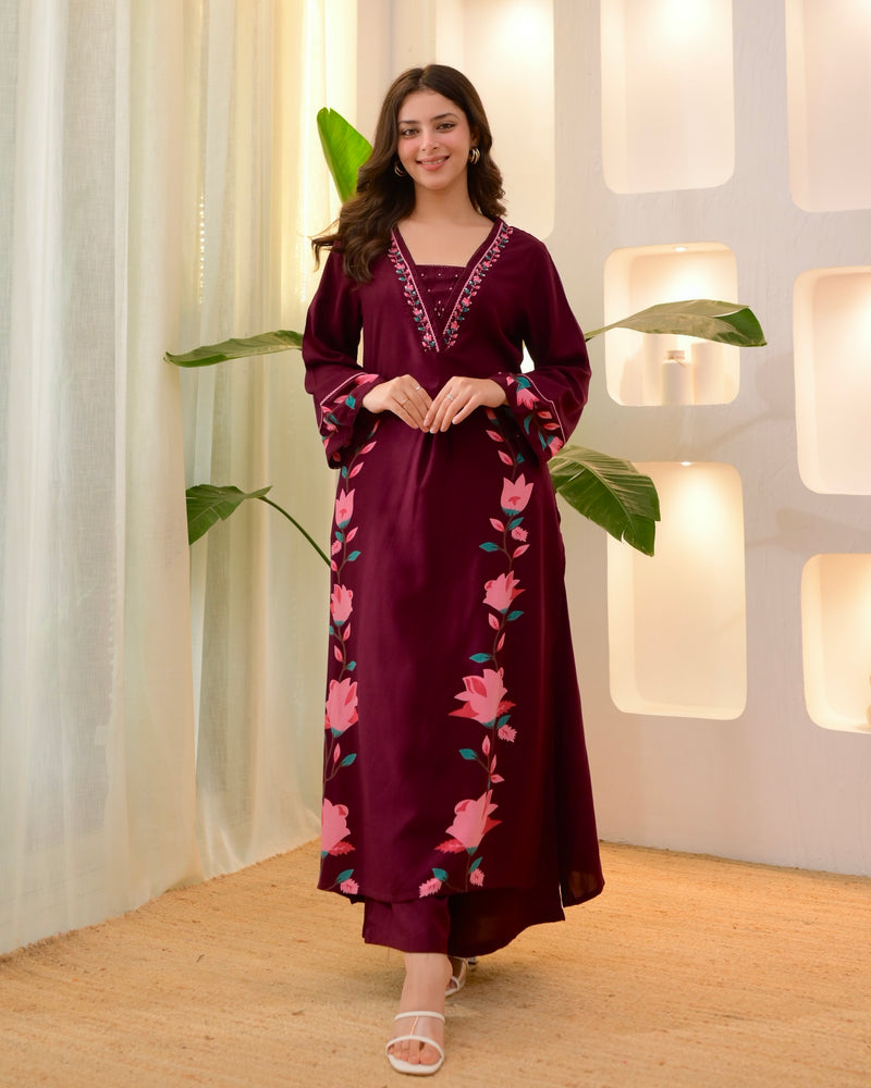 Maroon Lotus Cotton A Line Kurta Palazzo Set