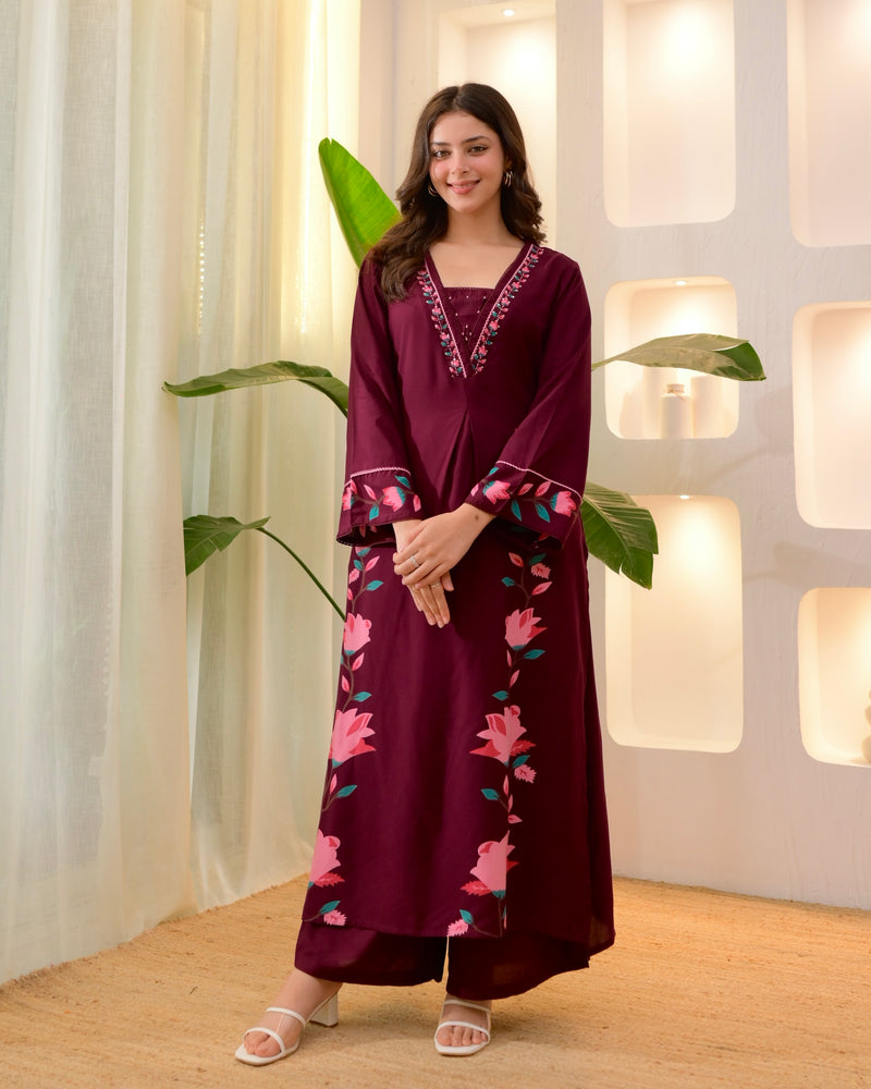 Maroon Lotus Cotton A Line Kurta Palazzo Set