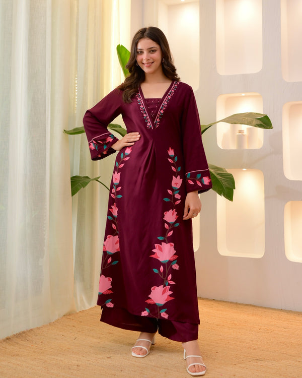 Maroon Lotus Cotton A Line Kurta Palazzo Set
