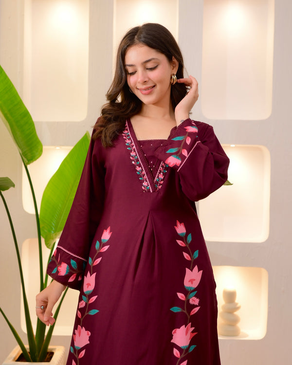 Maroon Lotus Cotton A Line Kurta Palazzo Set