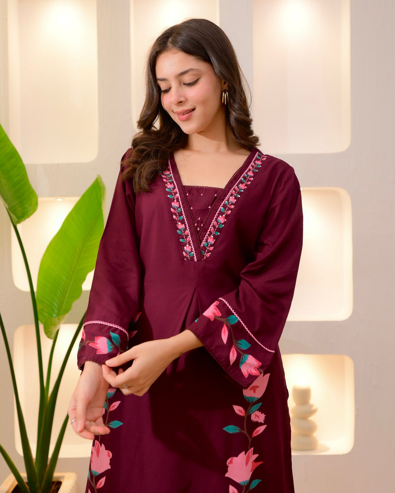 Maroon Lotus Cotton A Line Kurta Palazzo Set