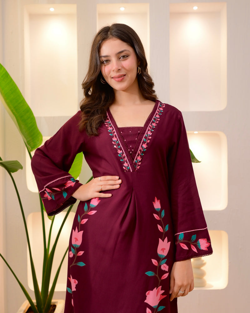 Maroon Lotus Cotton A Line Kurta Palazzo Set