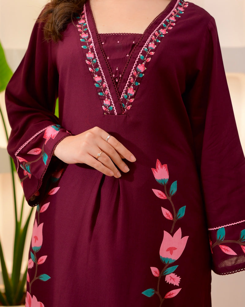 Maroon Lotus Cotton A Line Kurta Palazzo Set