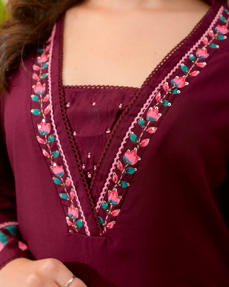 Maroon Lotus Cotton A Line Kurta Palazzo Set