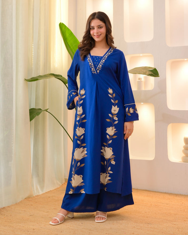 Persian Blue Lotus Cotton A Line Kurta Palazzo Set