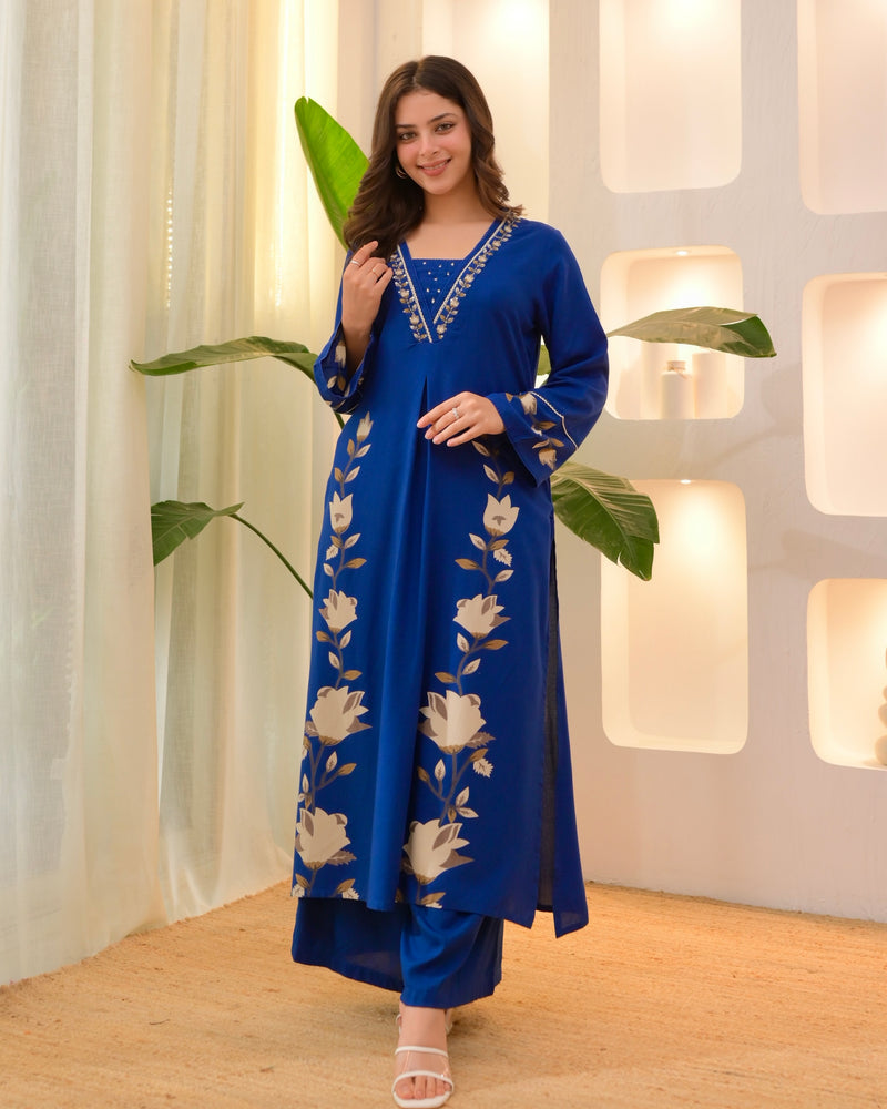 Persian Blue Lotus Cotton A Line Kurta Palazzo Set