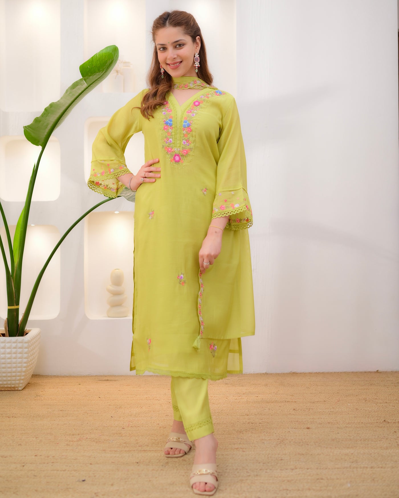 Lime Blossom Charm Threadwork Mul Chanderi Suit