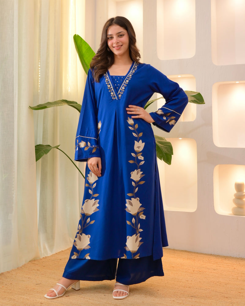 Persian Blue Lotus Cotton A Line Kurta Palazzo Set