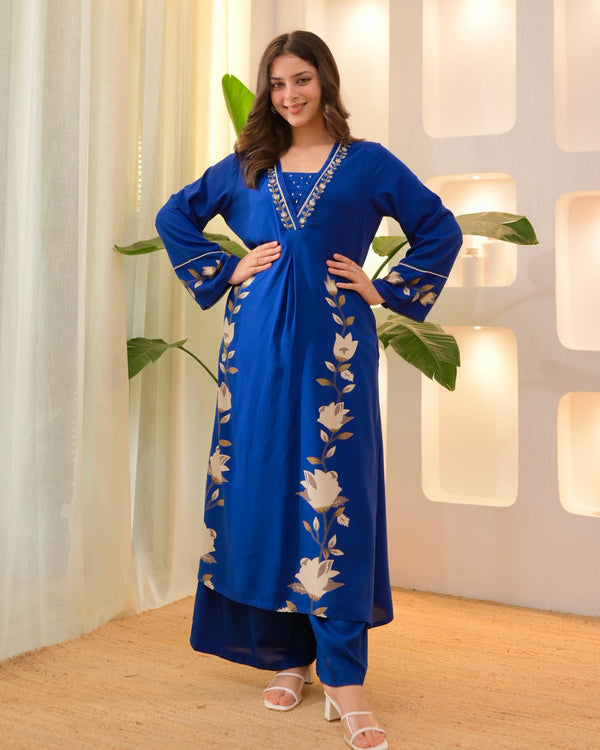 Persian Blue Lotus Cotton A Line Kurta Palazzo Set