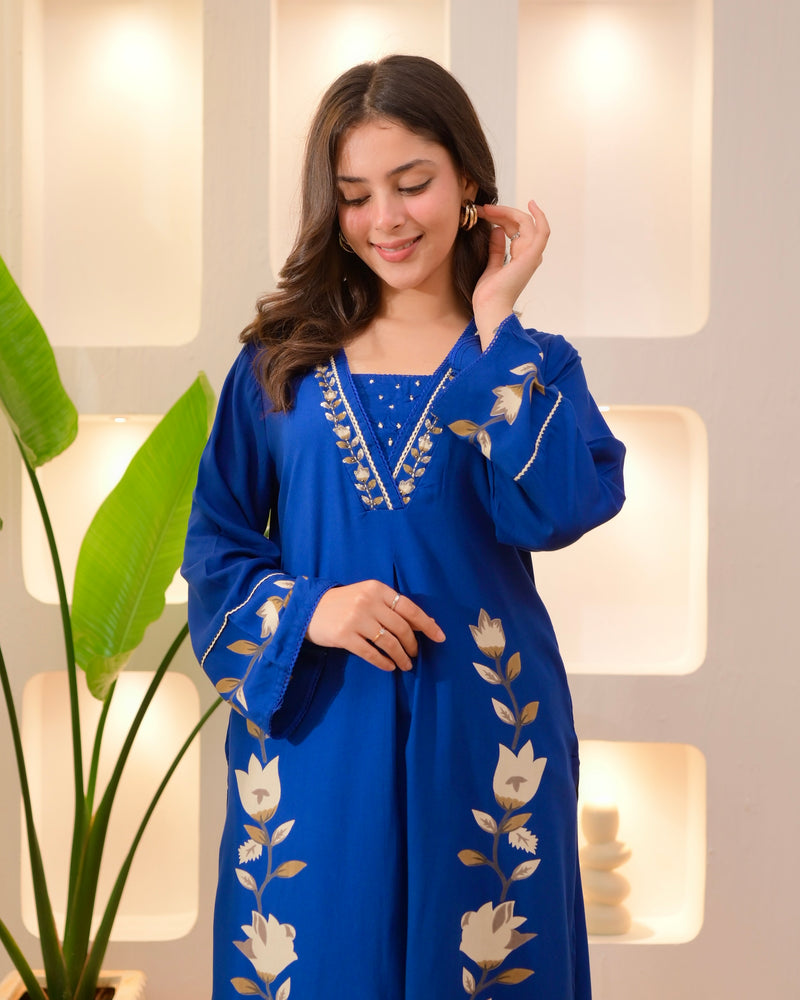 Persian Blue Lotus Cotton A Line Kurta Palazzo Set