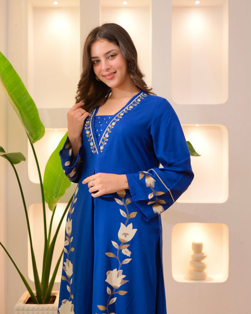 Persian Blue Lotus Cotton A Line Kurta Palazzo Set
