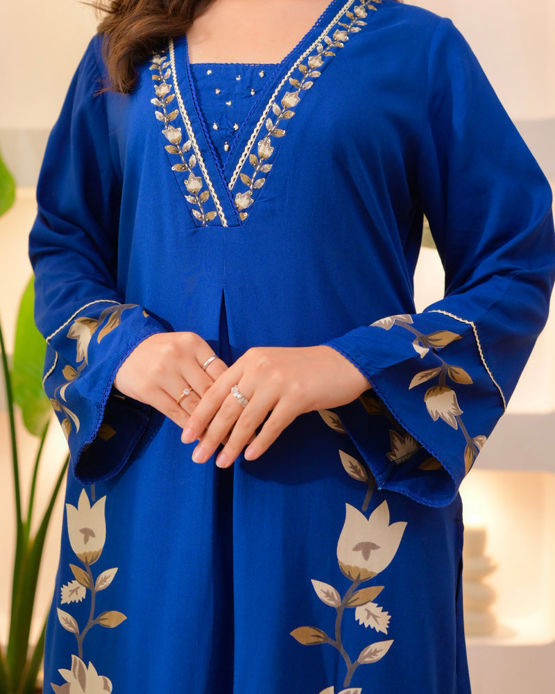 Persian Blue Lotus Cotton A Line Kurta Palazzo Set