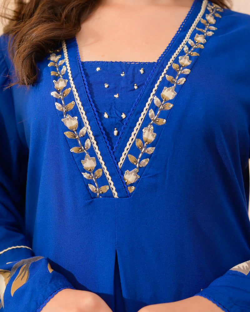 Persian Blue Lotus Cotton A Line Kurta Palazzo Set