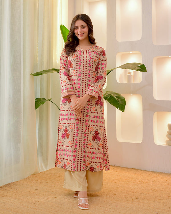 Ivory Autumn Garden Cotton A Line Kurta Palazzo Set