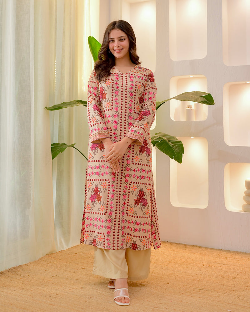 Ivory Autumn Garden Cotton A Line Kurta Palazzo Set