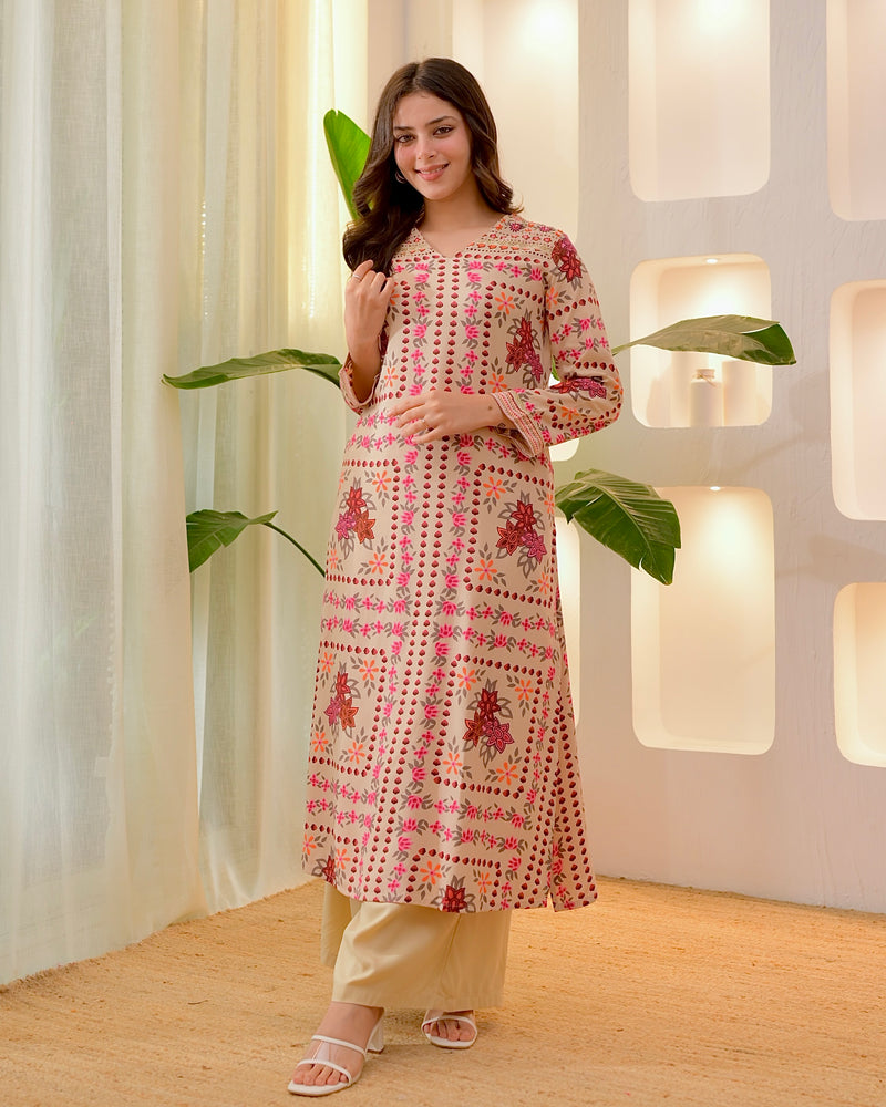 Ivory Autumn Garden Cotton A Line Kurta Palazzo Set