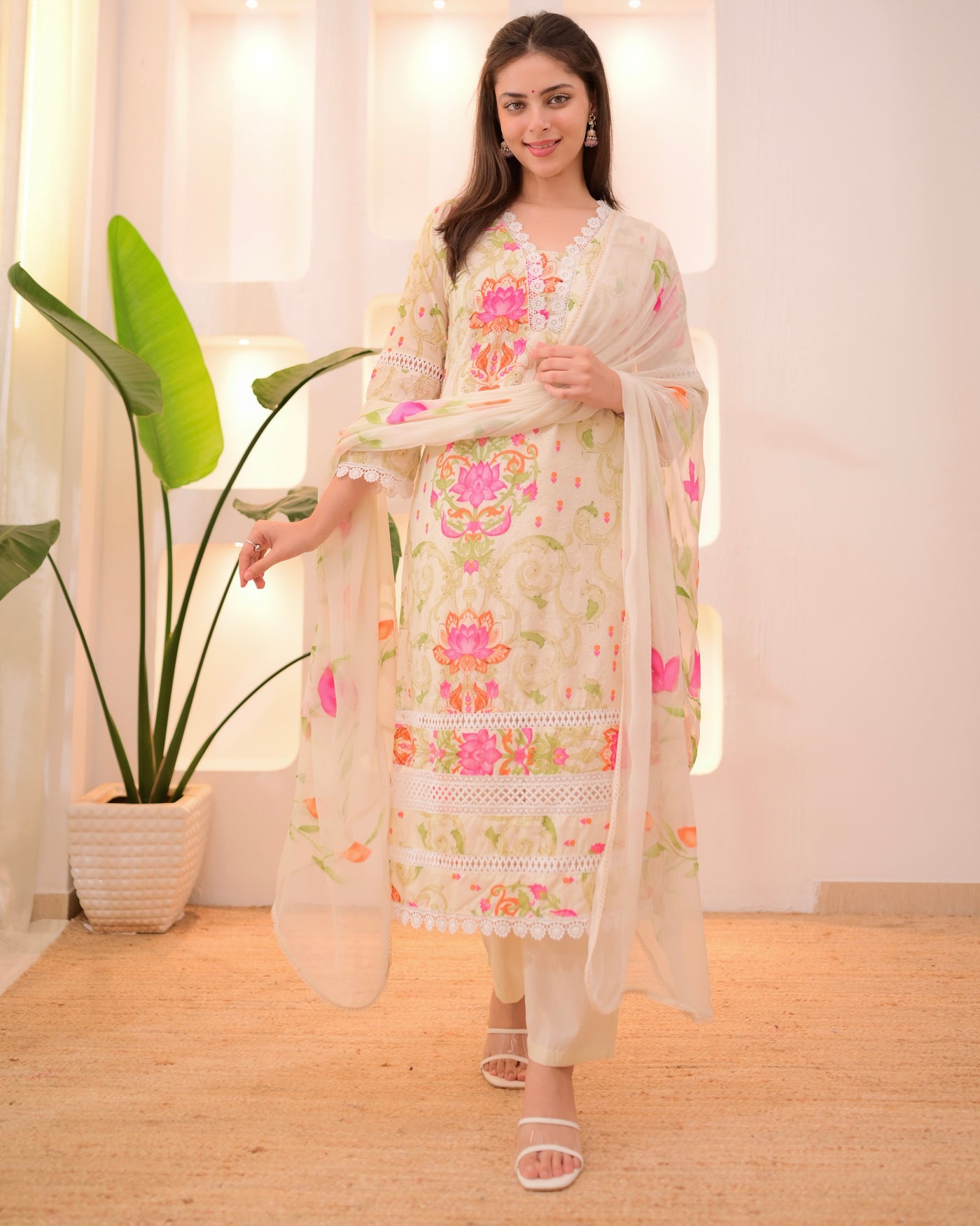 Ivory Blossom Schiffli Lace Cotton Suit