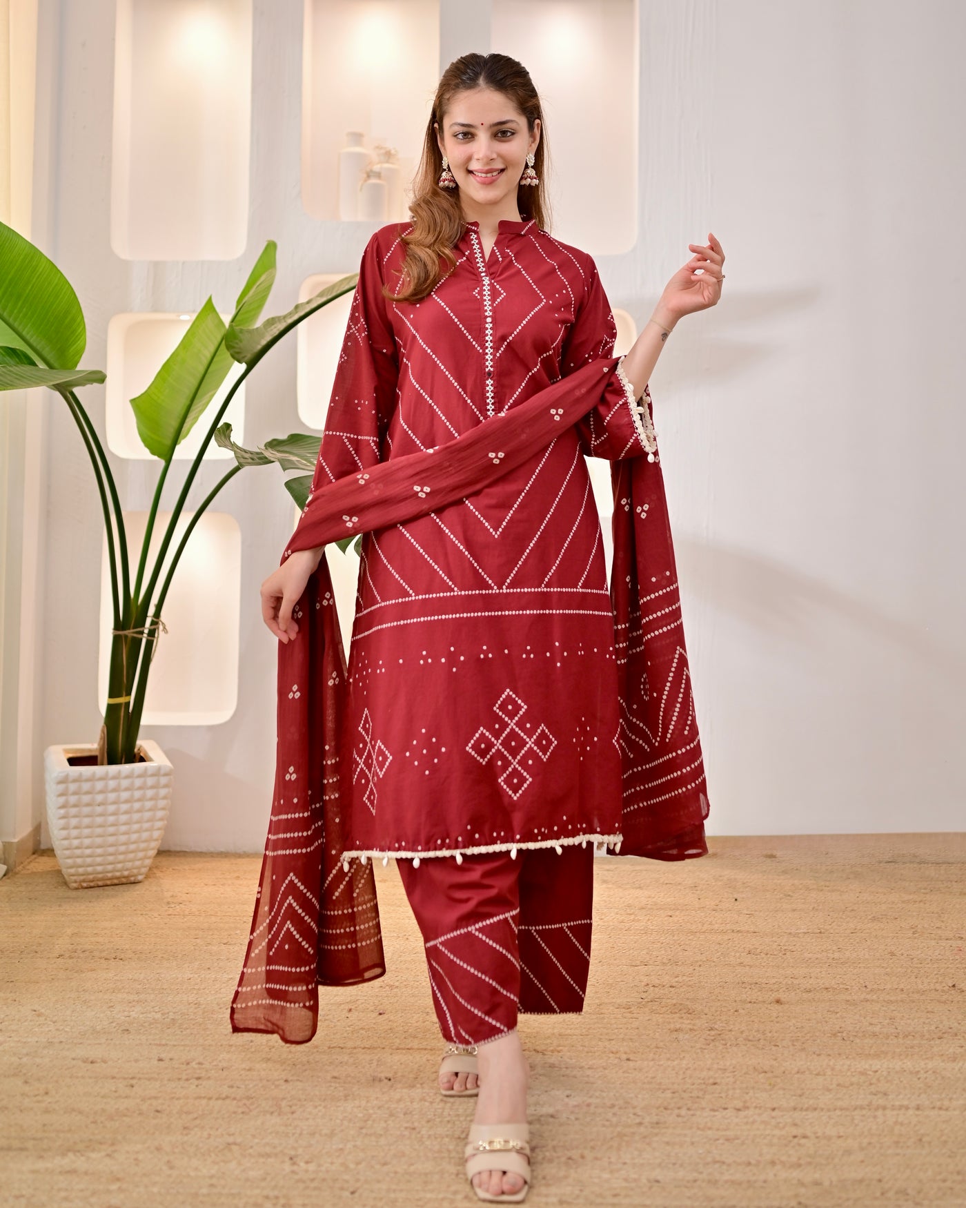 Mehroon Madhubani Bandhej Cotton Salwar Suit