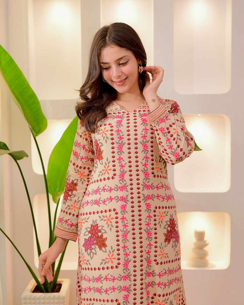 Ivory Autumn Garden Cotton A Line Kurta Palazzo Set