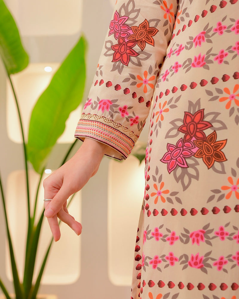 Ivory Autumn Garden Cotton A Line Kurta Palazzo Set