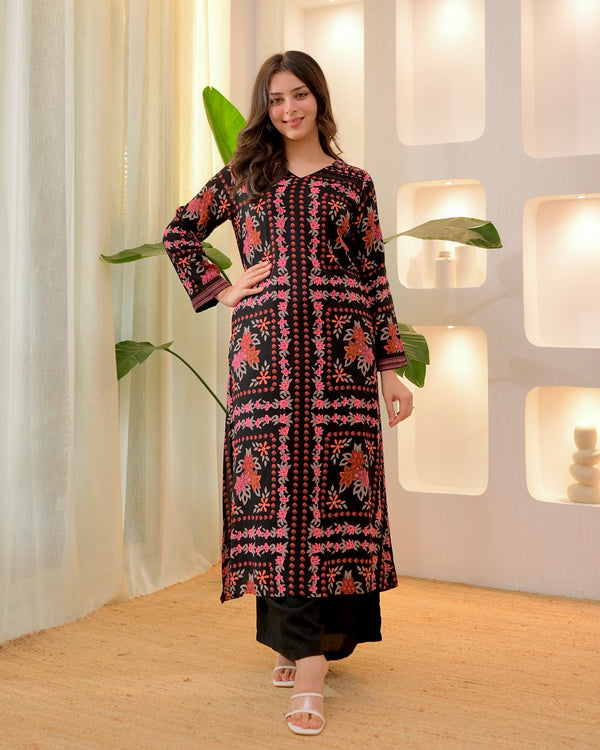 Black Autumn Garden Cotton A Line Kurta Palazzo Set