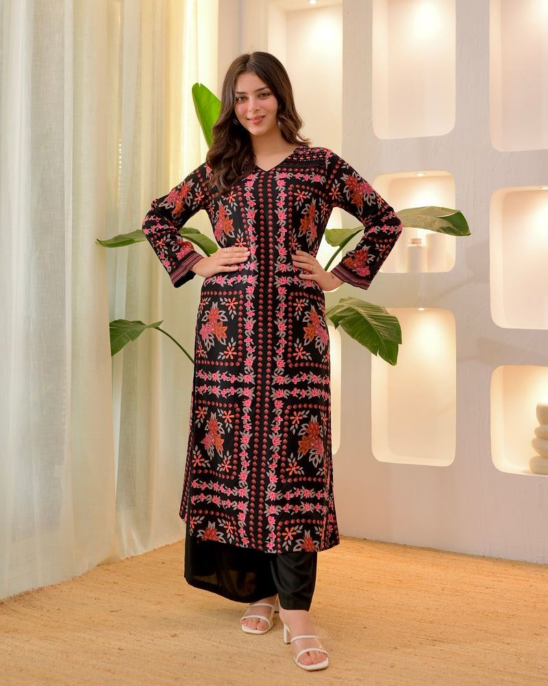Black Autumn Garden Cotton A Line Kurta Palazzo Set