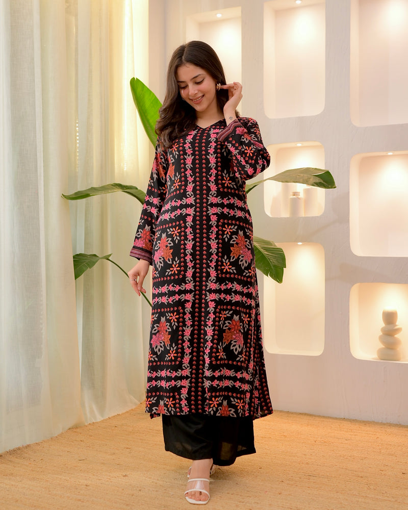 Black Autumn Garden Cotton A Line Kurta Palazzo Set