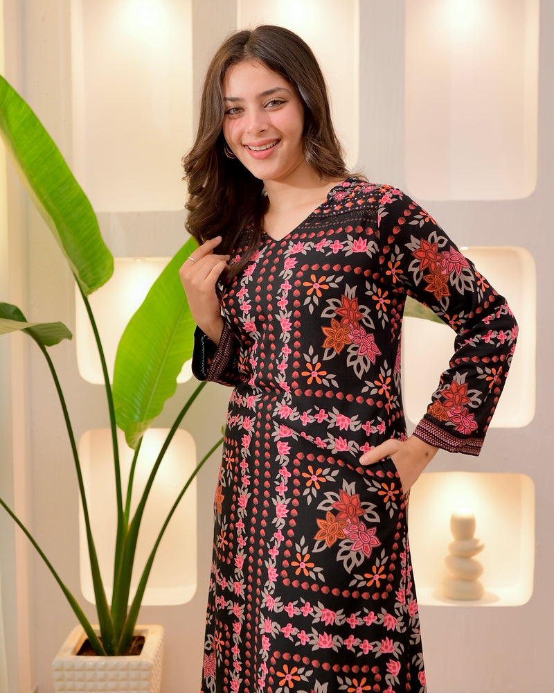Black Autumn Garden Cotton A Line Kurta Palazzo Set