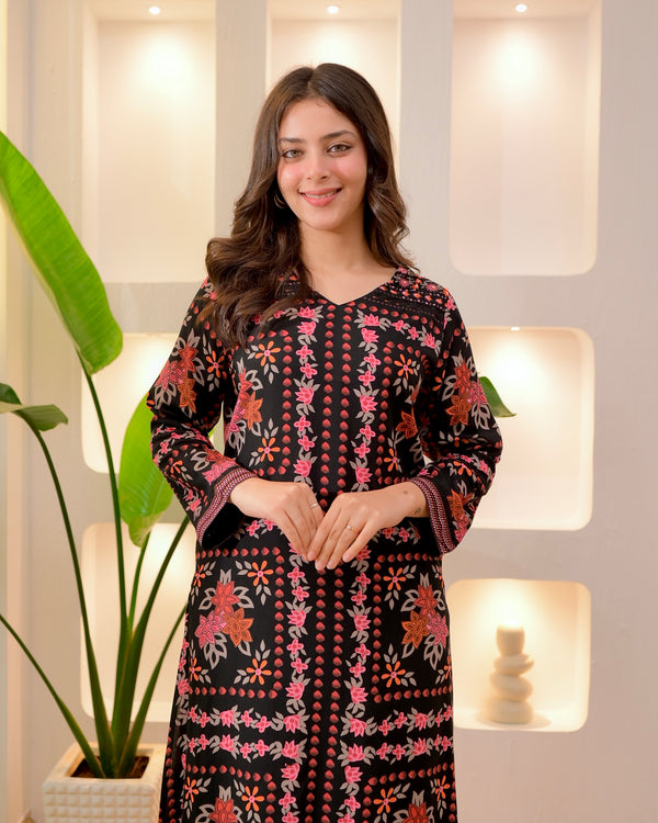 Black Autumn Garden Cotton A Line Kurta Palazzo Set
