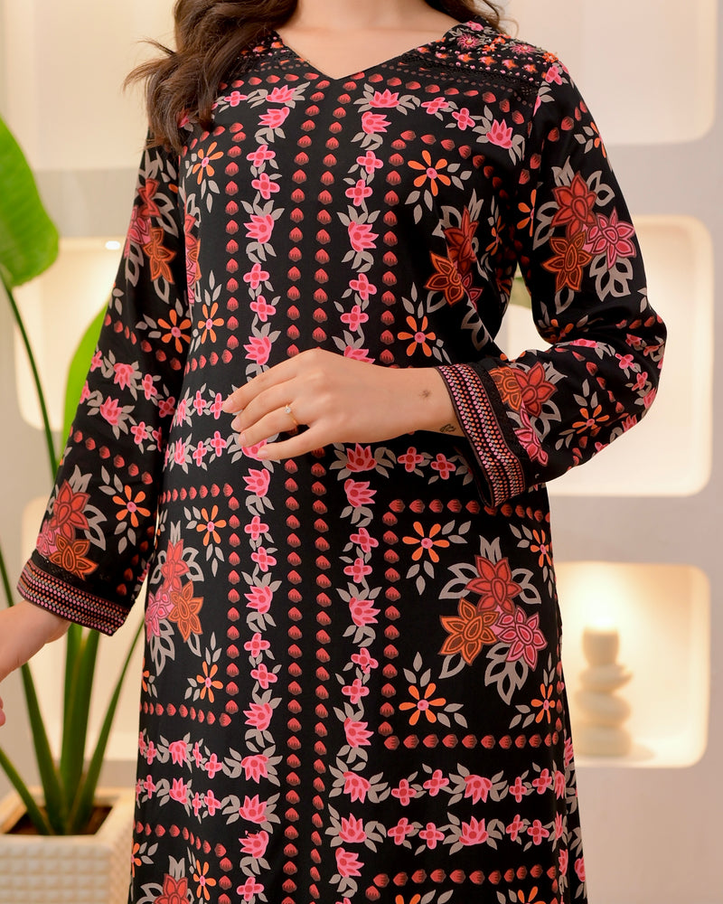 Black Autumn Garden Cotton A Line Kurta Palazzo Set