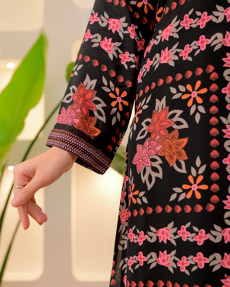 Black Autumn Garden Cotton A Line Kurta Palazzo Set