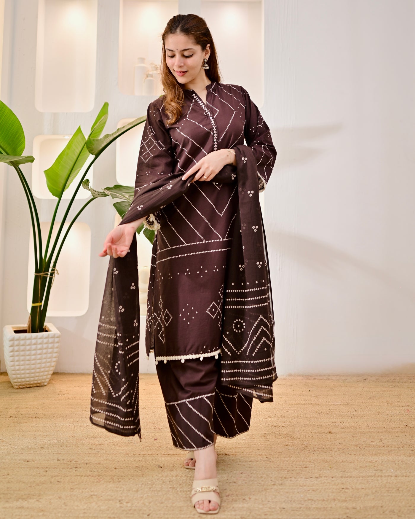 Mocha Madhubani Bandhej Cotton Salwar Suit