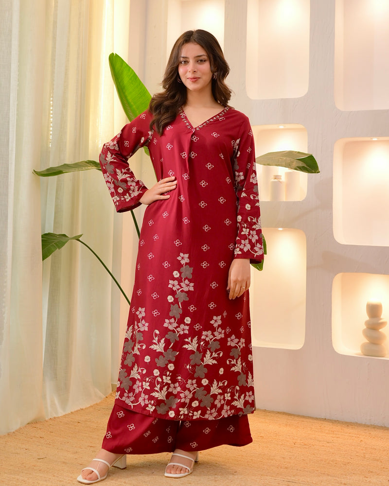 Maroon Clover Cotton A Line Kurta Palazzo Set