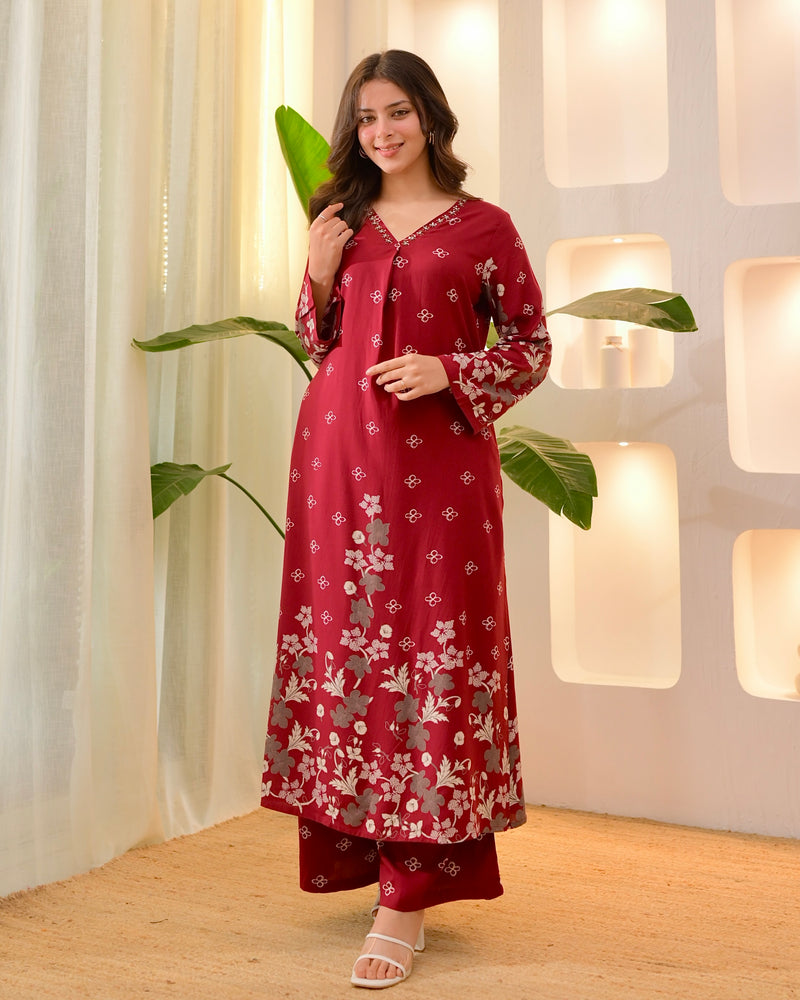 Maroon Clover Cotton A Line Kurta Palazzo Set