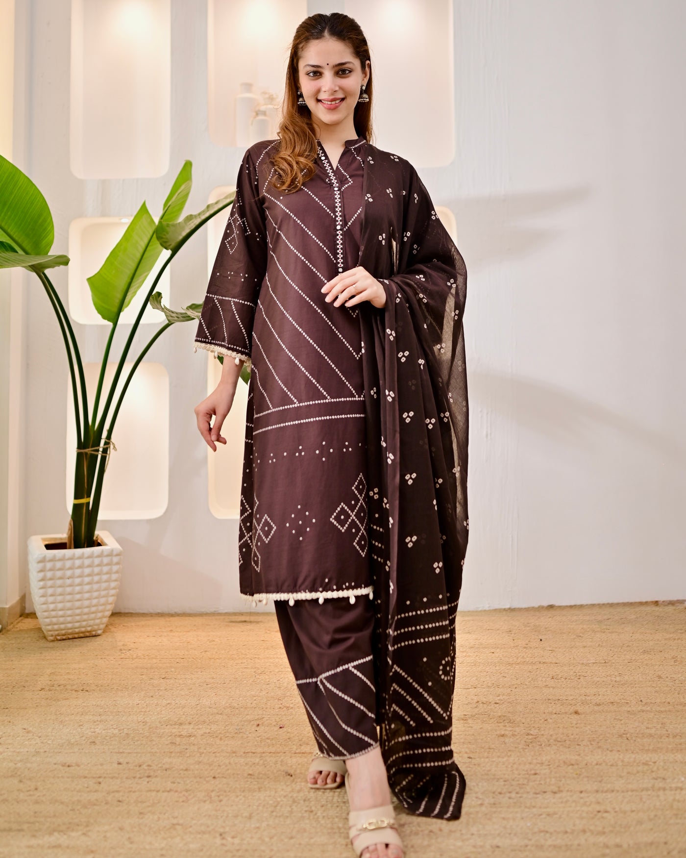 Mocha Madhubani Bandhej Cotton Salwar Suit