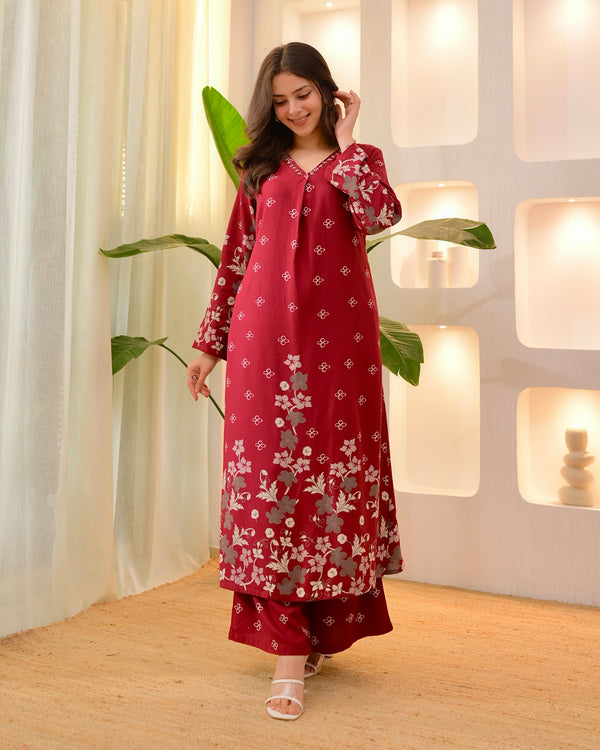 Maroon Clover Cotton A Line Kurta Palazzo Set