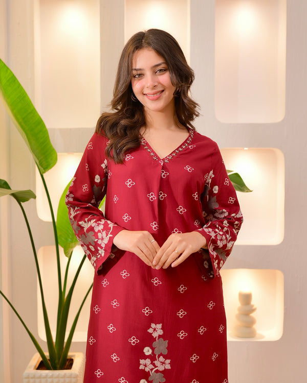 Maroon Clover Cotton A Line Kurta Palazzo Set