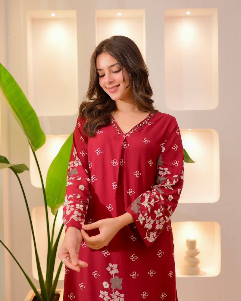 Maroon Clover Cotton A Line Kurta Palazzo Set