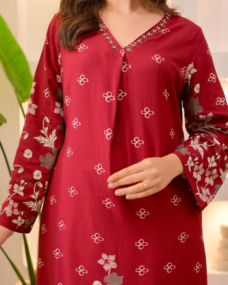Maroon Clover Cotton A Line Kurta Palazzo Set